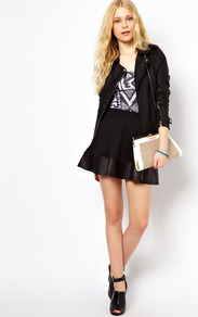 Contrast Hem Skirt - length: mid thigh; pattern: plain; style: full/prom skirt; fit: loose/voluminous; waist: mid/regular rise; predominant colour: black; occasions: casual, evening, occasion; fibres: polyester/polyamide - stretch; hip detail: soft pleats at hip/draping at hip/flared at hip; texture group: leather; pattern type: fabric