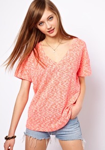 T Shirt In Texture With V Neck - neckline: low v-neck; pattern: plain; style: t-shirt; predominant colour: pink; occasions: casual, holiday; length: standard; fibres: cotton - mix; fit: loose; sleeve length: short sleeve; sleeve style: standard; pattern type: fabric; texture group: jersey - stretchy/drapey