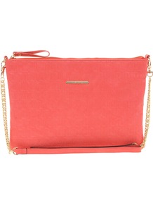 Coral Ri Embossed Across Body Bag - predominant colour: coral; occasions: casual, evening; type of pattern: light; style: shoulder; length: across body/long; size: standard; material: faux leather; pattern: monogram, plain; finish: plain; embellishment: chain/metal