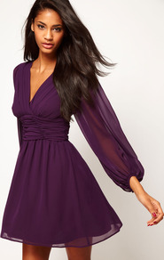 Skater Dress With Blouson Sleeves - neckline: low v-neck; pattern: plain; sleeve style: balloon; waist detail: twist front waist detail/nipped in at waist on one side/soft pleats/draping/ruching/gathering waist detail; predominant colour: aubergine; occasions: evening, occasion; length: just above the knee; fit: fitted at waist & bust; style: fit & flare; fibres: polyester/polyamide - 100%; sleeve length: long sleeve; texture group: sheer fabrics/chiffon/organza etc.; bust detail: tiers/frills/bulky drapes/pleats; pattern type: fabric