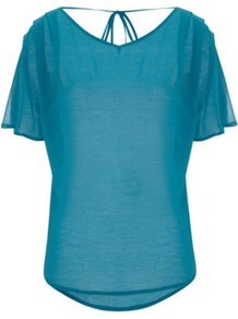 Graduate Fashion Week Chiffon Blouse Petrol - neckline: v-neck; pattern: plain; back detail: low cut/open back; style: blouse; predominant colour: teal; occasions: casual, evening; length: standard; fibres: polyester/polyamide - 100%; fit: straight cut; sleeve length: short sleeve; sleeve style: standard; texture group: sheer fabrics/chiffon/organza etc.; pattern type: fabric; pattern size: standard