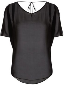 Graduate Fashion Week Chiffon Blouse Black - neckline: v-neck; pattern: plain; back detail: low cut/open back; style: blouse; predominant colour: black; occasions: casual, evening; length: standard; fibres: polyester/polyamide - 100%; fit: straight cut; sleeve length: short sleeve; sleeve style: standard; texture group: sheer fabrics/chiffon/organza etc.; pattern type: fabric; pattern size: standard