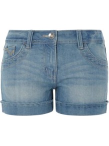 Light Washed Denim Shorts Blue - pattern: plain; style: shorts; waist detail: fitted waist; pocket detail: traditional 5 pocket; length: short shorts; waist: mid/regular rise; predominant colour: denim; occasions: casual, holiday; fibres: cotton - mix; hip detail: fitted at hip (bottoms); jeans & bottoms detail: turn ups; texture group: denim; fit: slim leg; pattern type: fabric