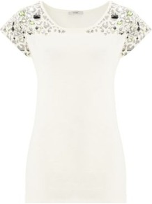 Jewel Shoulder Jersey Top Cream - neckline: round neck; pattern: plain; style: t-shirt; predominant colour: ivory; occasions: casual, evening; length: standard; fibres: cotton - 100%; fit: body skimming; shoulder detail: added shoulder detail; sleeve length: short sleeve; sleeve style: standard; pattern type: fabric; pattern size: light/subtle; texture group: jersey - stretchy/drapey; embellishment: jewels