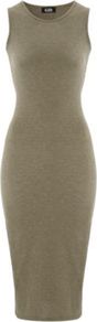 G21 Jersey Midi Dress Ash - length: calf length; neckline: round neck; fit: tight; pattern: plain; sleeve style: sleeveless; style: bodycon; waist detail: fitted waist; hip detail: fitted at hip; predominant colour: khaki; occasions: casual, evening, work, holiday; fibres: polyester/polyamide - stretch; sleeve length: sleeveless; pattern type: fabric; pattern size: standard; texture group: jersey - stretchy/drapey