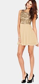 2in1 Sequin Mini Dress, Gold - length: mini; sleeve style: sleeveless; bust detail: added detail/embellishment at bust; back detail: low cut/open back; waist detail: structured pleats at waist; shoulder detail: contrast pattern/fabric at shoulder; predominant colour: gold; occasions: evening, occasion, holiday; fit: fitted at waist & bust; style: fit & flare; fibres: polyester/polyamide - stretch; neckline: crew; sleeve length: sleeveless; texture group: sheer fabrics/chiffon/organza etc.; trends: metallics; pattern type: fabric; pattern size: small & light; embellishment: sequins
