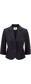 Petite Navy Burnout Jacket - pattern: plain; style: single breasted blazer; collar: standard lapel/rever collar; predominant colour: black; occasions: casual, evening, work; length: standard; fit: tailored/fitted; fibres: polyester/polyamide - mix; waist detail: fitted waist; sleeve length: long sleeve; sleeve style: standard; collar break: medium; pattern type: fabric; pattern size: standard; texture group: other - light to midweight