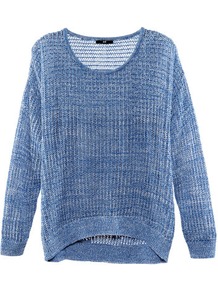 Jumper - neckline: round neck; pattern: plain; bust detail: sheer at bust; style: standard; predominant colour: denim; occasions: casual; length: standard; fibres: cotton - 100%; fit: loose; back detail: longer hem at back than at front; sleeve length: long sleeve; sleeve style: standard; texture group: knits/crochet; pattern type: fabric; pattern size: small & light