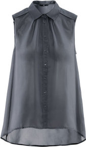Blouse - neckline: shirt collar/peter pan/zip with opening; pattern: plain; sleeve style: sleeveless; style: blouse; predominant colour: charcoal; occasions: casual, evening, work, holiday; length: standard; fibres: polyester/polyamide - 100%; fit: body skimming; shoulder detail: flat/draping pleats/ruching/gathering at shoulder; back detail: longer hem at back than at front; sleeve length: sleeveless; texture group: sheer fabrics/chiffon/organza etc.; pattern type: fabric