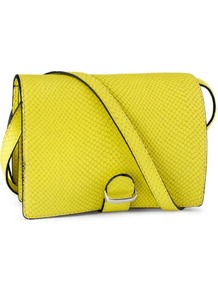 Leather Shoulder Bag - predominant colour: yellow; occasions: casual, evening, occasion, holiday; type of pattern: small; style: shoulder; length: across body/long; size: small; material: leather; pattern: plain; trends: fluorescent; finish: plain