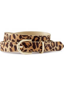 Belt - predominant colour: tan; occasions: casual, evening, work, occasion; type of pattern: heavy; style: classic; size: standard; worn on: waist; material: suede; pattern: animal print; finish: plain; embellishment: buckles