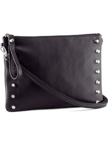 Clutch - predominant colour: black; occasions: casual, evening; style: clutch; length: hand carry; size: small; material: faux leather; embellishment: studs; pattern: plain; finish: plain