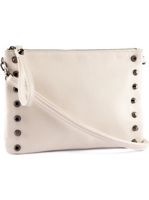 Clutch - predominant colour: ivory; occasions: casual, evening, occasion, holiday; type of pattern: standard; style: clutch; length: hand carry; size: standard; material: faux leather; embellishment: studs; pattern: plain; finish: plain