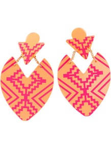 Earrings - predominant colour: coral; occasions: casual, evening, occasion, holiday; style: drop; length: mid; size: standard; material: plastic/rubber; fastening: pierced; trends: statement prints, fluorescent, modern geometrics; finish: plain; embellishment: chain/metal