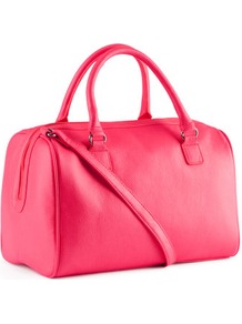 Bag - predominant colour: hot pink; occasions: casual, evening, work, holiday; type of pattern: standard; style: bowling; length: handle; size: standard; material: faux leather; embellishment: zips; pattern: plain; trends: fluorescent; finish: fluorescent