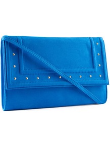 Clutch - predominant colour: royal blue; occasions: evening, occasion, holiday; type of pattern: light; style: clutch; length: shoulder (tucks under arm); size: small; material: faux leather; embellishment: studs; pattern: plain; trends: fluorescent; finish: plain