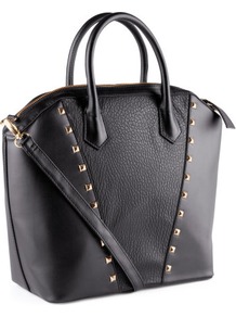 Bag - predominant colour: black; occasions: casual, evening, work; type of pattern: small; style: tote; length: handle; size: standard; material: faux leather; embellishment: studs; pattern: plain; trends: metallics; finish: plain