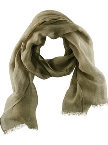 Scarf - predominant colour: khaki; occasions: casual, evening, work; type of pattern: standard; style: regular; size: standard; material: fabric; embellishment: fringing; pattern: plain