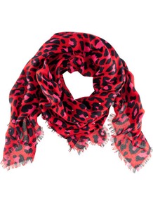 Scarf - predominant colour: true red; occasions: casual, evening, work; type of pattern: standard; style: square; size: standard; material: fabric; pattern: animal print; trends: statement prints