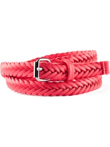 Belt - predominant colour: true red; occasions: casual, evening, work; type of pattern: light; style: plaited/woven; size: skinny; worn on: waist; material: faux leather; pattern: plain; finish: plain; embellishment: buckles