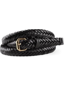 Belt - predominant colour: black; occasions: casual, evening, work; style: plaited/woven; size: skinny; worn on: waist; material: faux leather; pattern: plain; finish: plain; embellishment: buckles