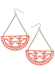 Aztec Cut Out Earrings - predominant colour: true red; occasions: casual, evening, occasion; style: drop; length: long; size: large/oversized; material: chain/metal; fastening: pierced; trends: fluorescent, modern geometrics; finish: fluorescent; embellishment: chain/metal