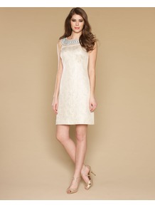 Paxi Shift Dress - style: shift; length: mid thigh; fit: tailored/fitted; pattern: plain; sleeve style: sleeveless; bust detail: added detail/embellishment at bust; waist detail: fitted waist; predominant colour: ivory; occasions: evening, occasion; fibres: silk - mix; neckline: crew; sleeve length: sleeveless; texture group: silky - light; pattern type: fabric; pattern size: small & light