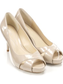 Fuseta Shoe - predominant colour: nude; occasions: evening, work, occasion; material: faux leather; heel height: high; heel: stiletto; toe: open toe/peeptoe; style: courts; finish: patent; pattern: plain