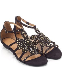 Bergamont Sandal - predominant colour: black; occasions: casual, holiday; material: fabric; heel height: flat; embellishment: studs; ankle detail: ankle strap; heel: standard; toe: open toe/peeptoe; style: strappy; finish: plain; pattern: plain