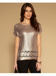 Freddie Foil Print Jumper - neckline: round neck; pattern: plain; style: standard; predominant colour: gold; occasions: casual, evening; length: standard; fibres: acrylic - 100%; fit: standard fit; sleeve length: short sleeve; sleeve style: standard; texture group: knits/crochet; trends: metallics; pattern type: knitted - other; pattern size: standard