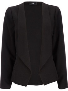 Black Crepe Waterfall Jacket - pattern: plain; style: single breasted blazer; collar: shawl/waterfall; predominant colour: black; occasions: work; length: standard; fit: tailored/fitted; fibres: polyester/polyamide - 100%; sleeve length: long sleeve; sleeve style: standard; collar break: low/open; pattern type: fabric; texture group: woven light midweight