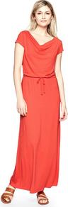 Drapey Maxi Dress - neckline: cowl/draped neck; sleeve style: capped; fit: fitted at waist; pattern: plain; style: maxi dress; length: ankle length; waist detail: belted waist/tie at waist/drawstring; predominant colour: bright orange; occasions: casual, holiday; fibres: viscose/rayon - stretch; sleeve length: short sleeve; pattern type: fabric; texture group: jersey - stretchy/drapey