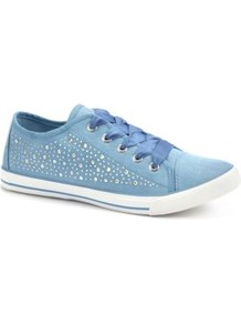 Blue Embellished Lace Up Trainers - predominant colour: denim; occasions: casual, holiday; material: fabric; heel height: flat; embellishment: studs; toe: round toe; style: trainers; trends: sporty redux, metallics; finish: plain; pattern: two-tone