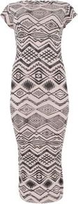 Pale Pink And Black Aztec Print Cap Sleeve Midi Dress - length: below the knee; neckline: slash/boat neckline; sleeve style: capped; fit: tight; style: bodycon; predominant colour: blush; occasions: casual, evening, occasion; fibres: polyester/polyamide - stretch; sleeve length: short sleeve; texture group: jersey - clingy; trends: statement prints; pattern type: fabric; pattern size: standard; pattern: patterned/print