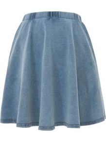 Mid Blue Denim Jersey Skater Skirt - length: mid thigh; pattern: plain; fit: loose/voluminous; waist detail: elasticated waist; waist: high rise; predominant colour: denim; occasions: casual, work, holiday; style: a-line; fibres: cotton - stretch; hip detail: soft pleats at hip/draping at hip/flared at hip; trends: volume; pattern type: fabric; pattern size: standard; texture group: jersey - stretchy/drapey