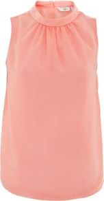 Coral High Neck Gathered Shell Top - pattern: plain; sleeve style: sleeveless; neckline: high neck; bust detail: ruching/gathering/draping/layers/pintuck pleats at bust; predominant colour: coral; occasions: evening, work; length: standard; style: top; fibres: polyester/polyamide - 100%; fit: body skimming; back detail: keyhole/peephole detail at back; sleeve length: sleeveless; pattern type: fabric; texture group: other - light to midweight