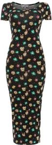 Black Floral Cap Sleeve Midi Dress - length: calf length; neckline: round neck; fit: tight; style: bodycon; predominant colour: black; occasions: casual, evening; fibres: viscose/rayon - stretch; sleeve length: short sleeve; sleeve style: standard; texture group: jersey - clingy; trends: high impact florals; pattern type: fabric; pattern size: small & busy; pattern: florals