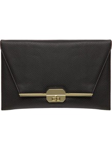 Black Snake Bar Lock Clutch - predominant colour: black; occasions: evening, work, occasion, holiday; type of pattern: standard; style: clutch; length: hand carry; size: standard; material: faux leather; pattern: plain; finish: plain; embellishment: chain/metal