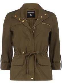 Khaki Gold Trim Safari Jacket - pattern: plain; length: standard; collar: funnel; fit: slim fit; predominant colour: khaki; occasions: casual; fibres: cotton - 100%; waist detail: belted waist/tie at waist/drawstring; sleeve length: 3/4 length; sleeve style: standard; texture group: cotton feel fabrics; collar break: high/illusion of break when open; pattern type: fabric