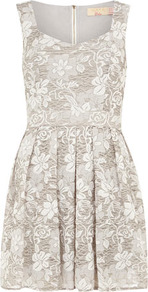 Grey Sweetheart Neck Dress - length: mid thigh; sleeve style: sleeveless; style: prom dress; waist detail: fitted waist; neckline: sweetheart; secondary colour: ivory; predominant colour: stone; occasions: evening, occasion; fit: fitted at waist & bust; fibres: polyester/polyamide - stretch; hip detail: structured pleats at hip; sleeve length: sleeveless; texture group: lace; pattern type: fabric; pattern size: small & busy; pattern: florals
