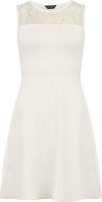 Cream Lace Yoke Fit And Flare Dress - pattern: plain; sleeve style: sleeveless; waist detail: fitted waist; predominant colour: ivory; occasions: evening, occasion; length: just above the knee; fit: fitted at waist & bust; style: fit & flare; fibres: cotton - stretch; neckline: crew; sleeve length: sleeveless; pattern type: fabric; texture group: jersey - stretchy/drapey; embellishment: lace