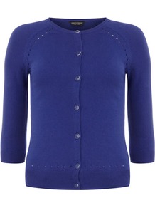Royal Blue Pointelle Cardigan - neckline: round neck; pattern: plain; predominant colour: navy; occasions: casual, work; length: standard; style: standard; fibres: cotton - mix; fit: slim fit; sleeve length: 3/4 length; sleeve style: standard; texture group: cotton feel fabrics; pattern type: fabric