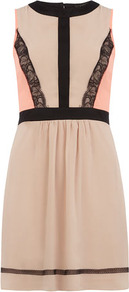 Luxe Neon Lace Detail Dress - length: mid thigh; sleeve style: sleeveless; bust detail: added detail/embellishment at bust; waist detail: fitted waist; shoulder detail: contrast pattern/fabric at shoulder; predominant colour: nude; secondary colour: black; occasions: evening, occasion; fit: fitted at waist & bust; style: fit & flare; fibres: polyester/polyamide - 100%; neckline: crew; hip detail: ruching/gathering at hip; back detail: keyhole/peephole detail at back; sleeve length: sleeveless; texture group: sheer fabrics/chiffon/organza etc.; pattern type: fabric; pattern size: big & light; pattern: patterned/print; embellishment: lace