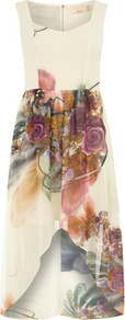 Pink Multi Printed Midi Dress - neckline: v-neck; sleeve style: sleeveless; waist detail: fitted waist; predominant colour: ivory; occasions: evening, occasion; length: just above the knee; fit: fitted at waist & bust; style: asymmetric (hem); fibres: polyester/polyamide - 100%; back detail: longer hem at back than at front; sleeve length: sleeveless; texture group: sheer fabrics/chiffon/organza etc.; trends: high impact florals; pattern type: fabric; pattern size: standard; pattern: florals