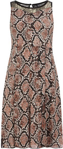 Dusky Pink Snake Print Dress - style: shift; sleeve style: sleeveless; waist detail: fitted waist; shoulder detail: contrast pattern/fabric at shoulder; secondary colour: black; occasions: evening, work, occasion; length: just above the knee; fit: body skimming; fibres: polyester/polyamide - stretch; neckline: crew; hip detail: sculpting darts/pleats/seams at hip; back detail: keyhole/peephole detail at back; sleeve length: sleeveless; pattern type: fabric; pattern size: big & busy; pattern: animal print; texture group: jersey - stretchy/drapey; predominant colour: dusky pink