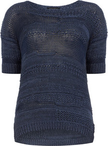 Blue Textured Jumper - neckline: round neck; pattern: plain; style: standard; predominant colour: navy; occasions: casual, work; length: standard; fibres: acrylic - mix; fit: standard fit; sleeve length: half sleeve; sleeve style: standard; texture group: knits/crochet; pattern type: knitted - other