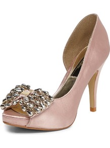 Nude Bow Peep Toe Courts - predominant colour: nude; occasions: evening, occasion; material: satin; heel height: high; heel: stiletto; toe: open toe/peeptoe; style: courts; finish: plain; pattern: plain; embellishment: bow
