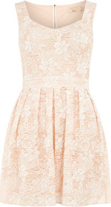 Nude Sweetheart Neck Dress - length: mid thigh; sleeve style: sleeveless; waist detail: fitted waist; neckline: sweetheart; secondary colour: ivory; predominant colour: nude; occasions: evening, occasion, holiday; fit: fitted at waist & bust; style: fit & flare; fibres: polyester/polyamide - stretch; hip detail: soft pleats at hip/draping at hip/flared at hip; sleeve length: sleeveless; texture group: cotton feel fabrics; pattern type: fabric; pattern size: small & light; pattern: patterned/print