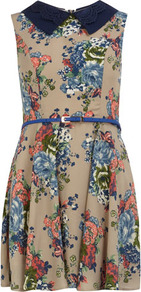 Blue Multi Floral Print Dress - length: mid thigh; sleeve style: sleeveless; waist detail: belted waist/tie at waist/drawstring; secondary colour: pale blue; predominant colour: camel; occasions: casual; fit: fitted at waist & bust; style: fit & flare; fibres: polyester/polyamide - 100%; neckline: no opening/shirt collar/peter pan; sleeve length: sleeveless; texture group: cotton feel fabrics; pattern type: fabric; pattern size: small & busy; pattern: florals