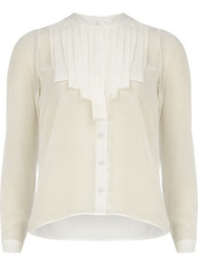White Pleat Detail Shirt - pattern: plain; style: shirt; bust detail: ruching/gathering/draping/layers/pintuck pleats at bust; predominant colour: white; occasions: casual, evening, work; length: standard; neckline: collarstand; fibres: polyester/polyamide - 100%; fit: straight cut; sleeve length: long sleeve; sleeve style: standard; texture group: sheer fabrics/chiffon/organza etc.; pattern type: fabric